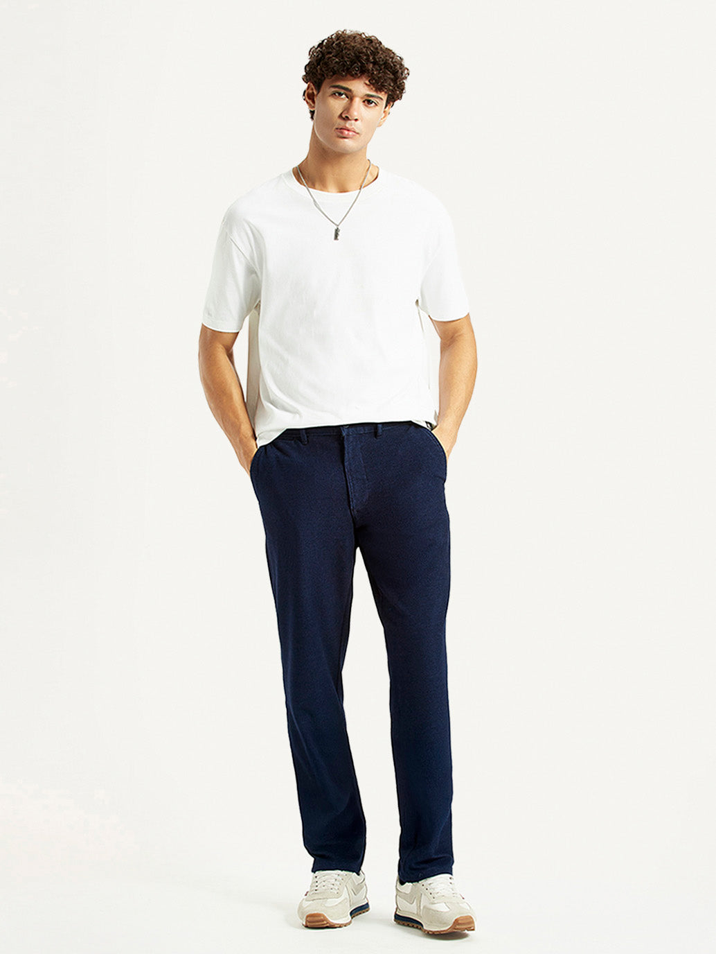 Men's Navy Relaxed Straight Fit Mid Rise Corduroy Trousers - Styleshot View
