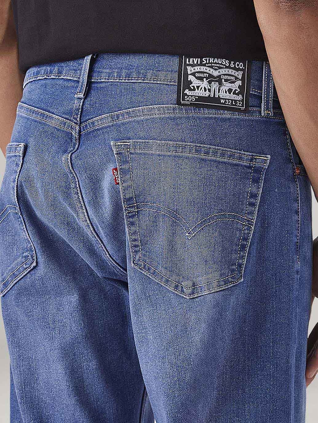 Men's 505 Blue Straight Fit Mid Rise Jeans - Detail View