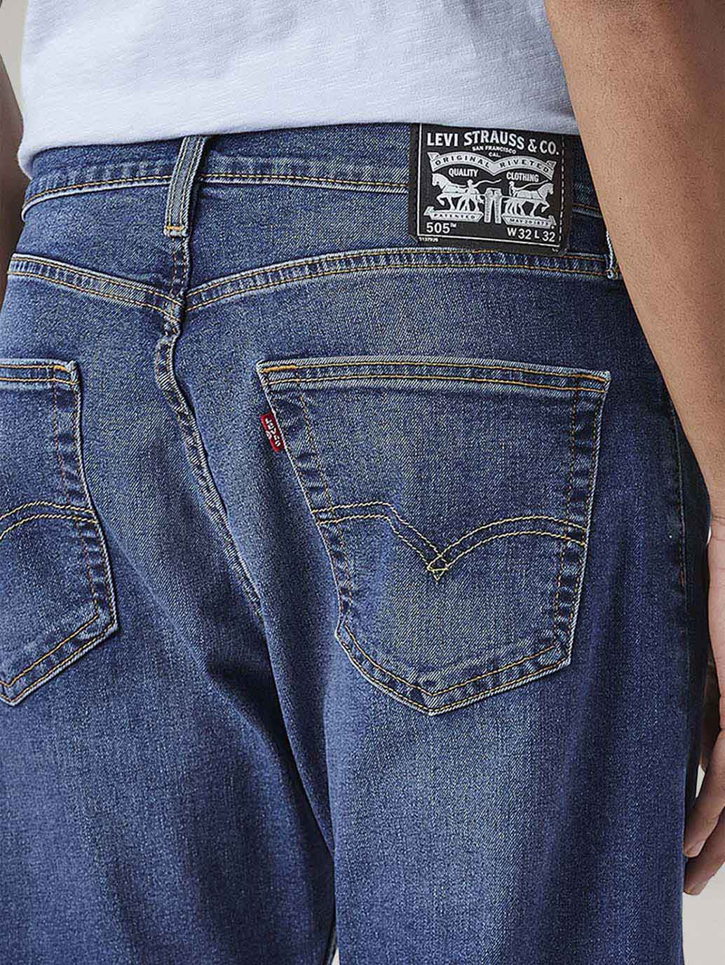 Men's 505 Dark Indigo Straight Fit Mid Rise Jeans - Detail View