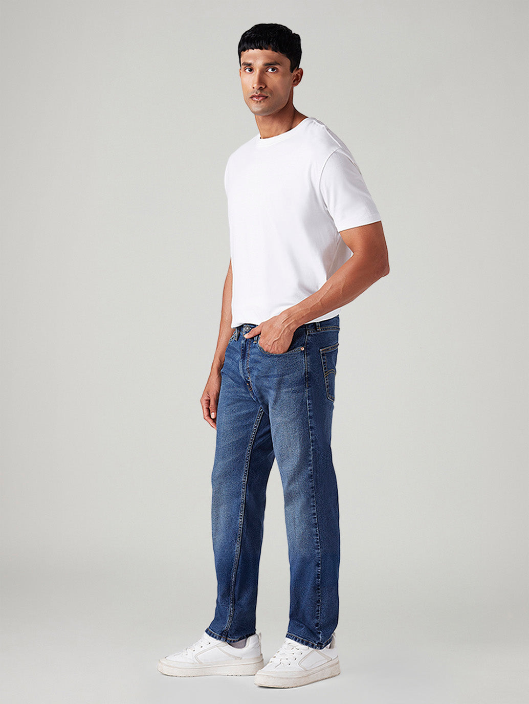 Men's 505 Dark Indigo Straight Fit Mid Rise Jeans - Side View