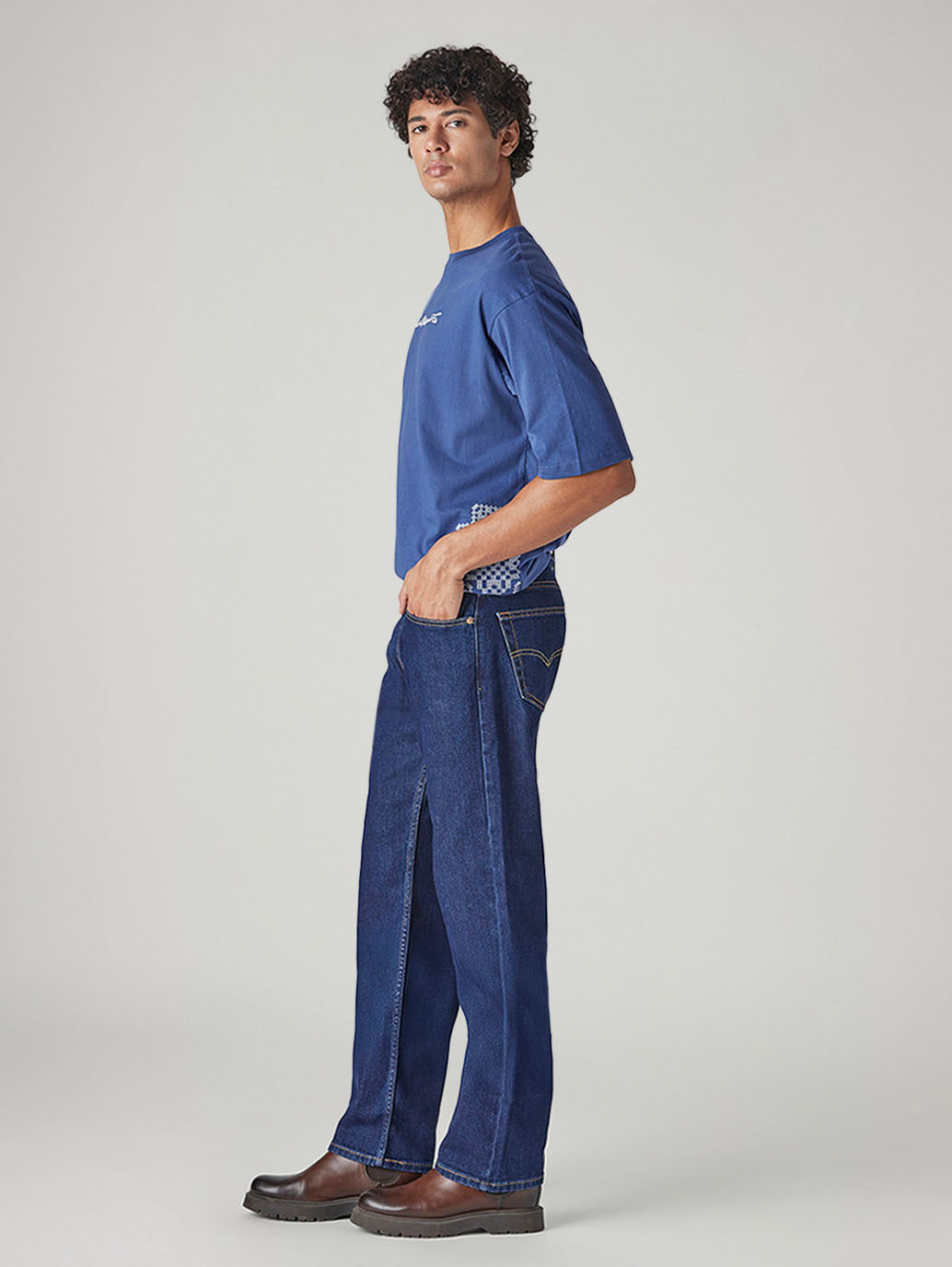 Men's 555 Blue Relaxed Straight Fit Mid Rise Jeans - Side View