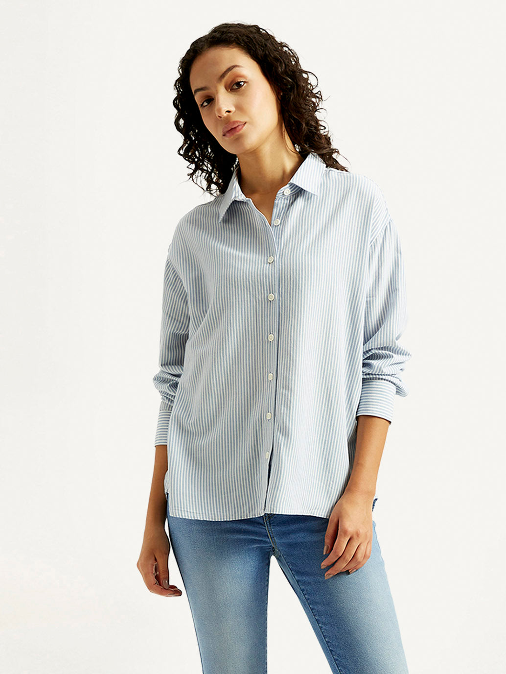Women's Striped Slim Fit Linen Shirt - Styleshot View