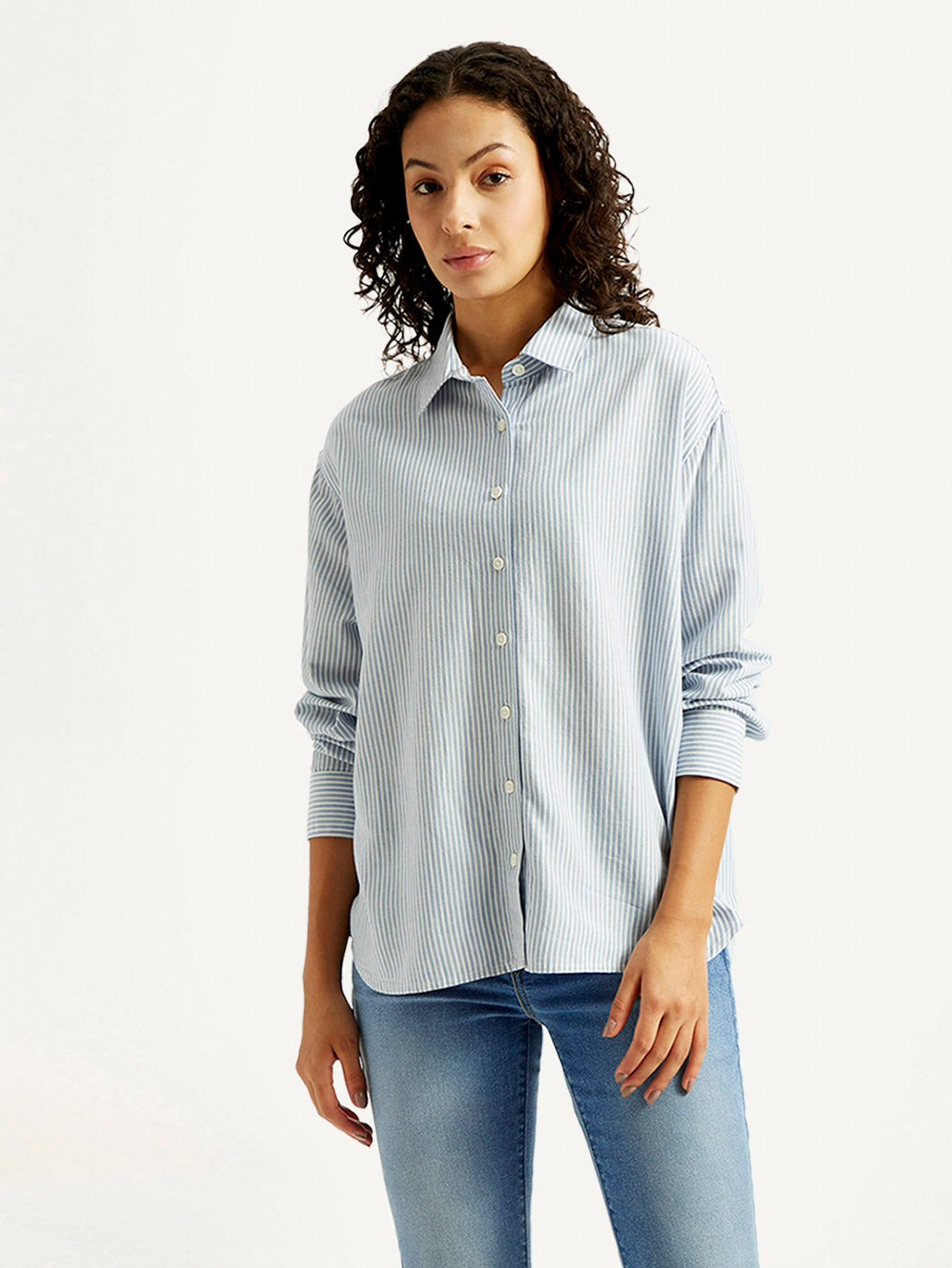 Women's Striped Slim Fit Linen Shirt - Front View