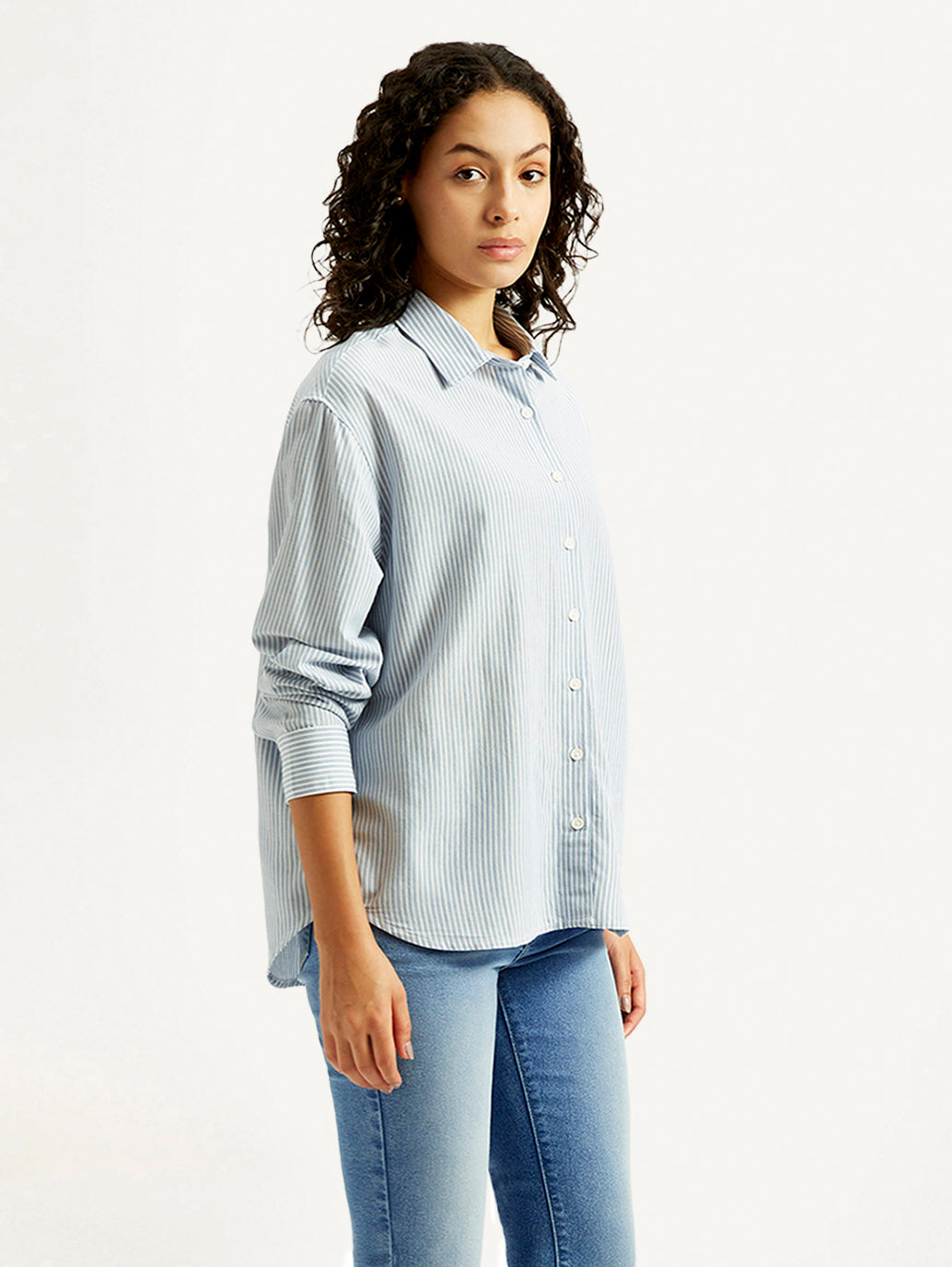 Women's Striped Slim Fit Linen Shirt - Side View