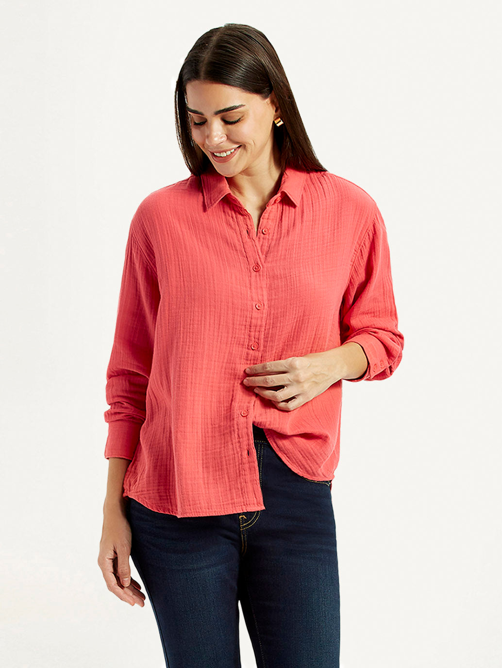 Women's Textured Coral Relaxed Fit Shirt - Styleshot View