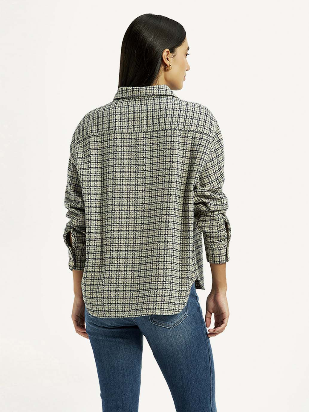 Women's Checkered Green Slim Fit Shirt - Back View