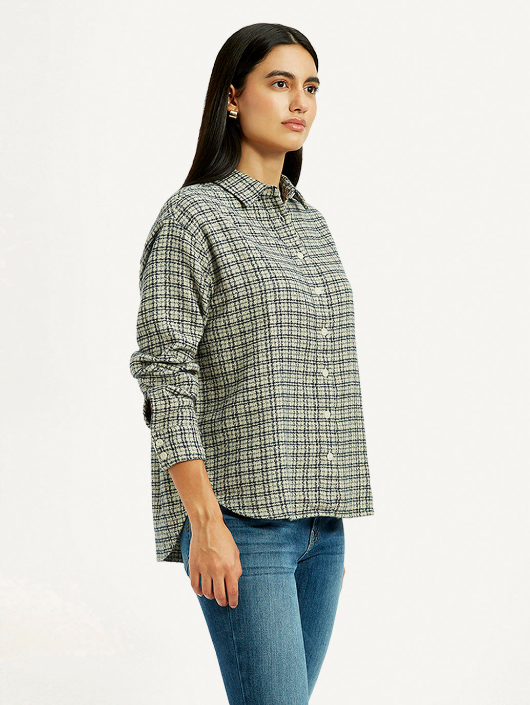 Women's Checkered Green Slim Fit Shirt - Side View