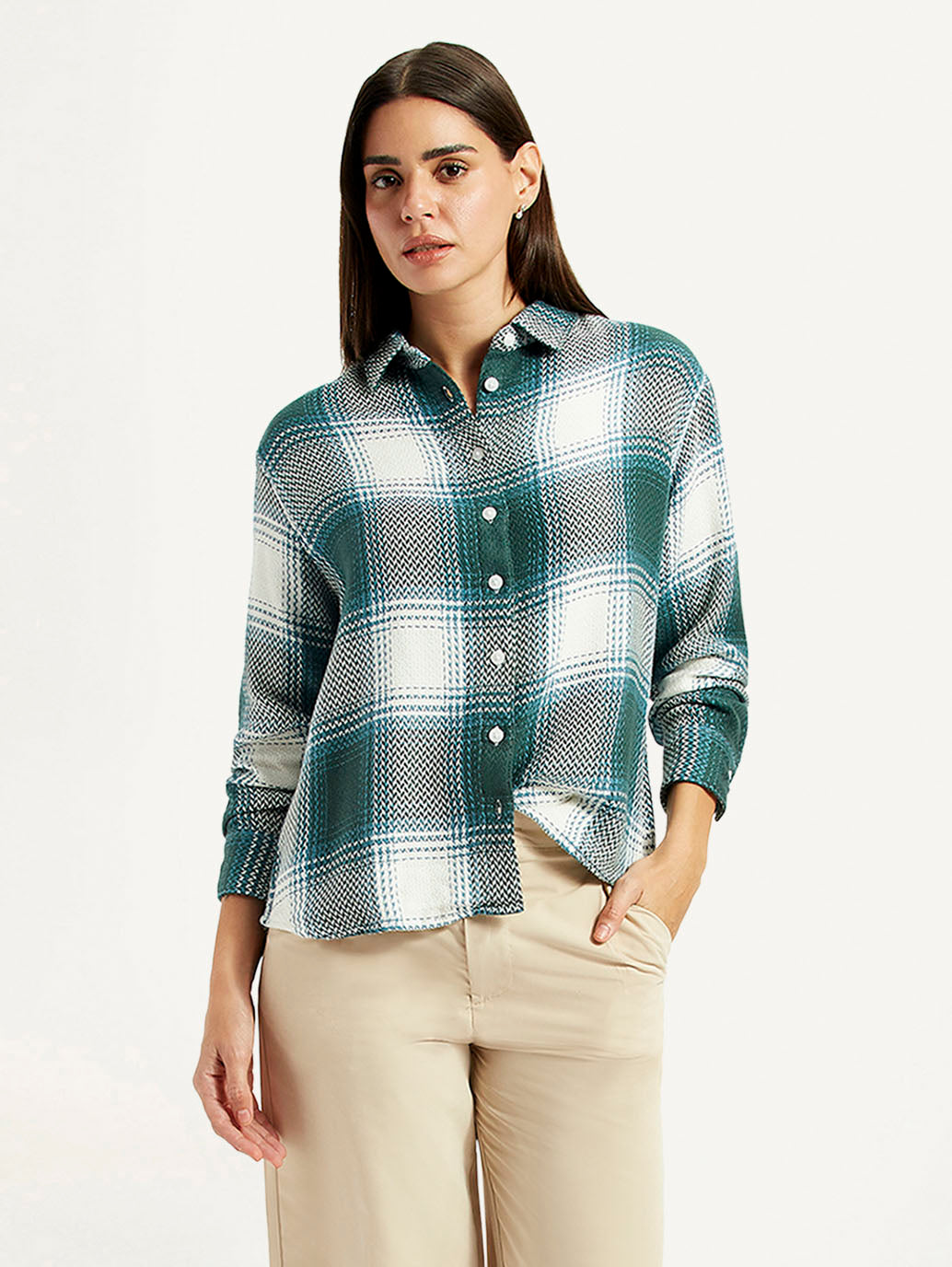 Women's Plaid Green Relaxed Fit Shirt
