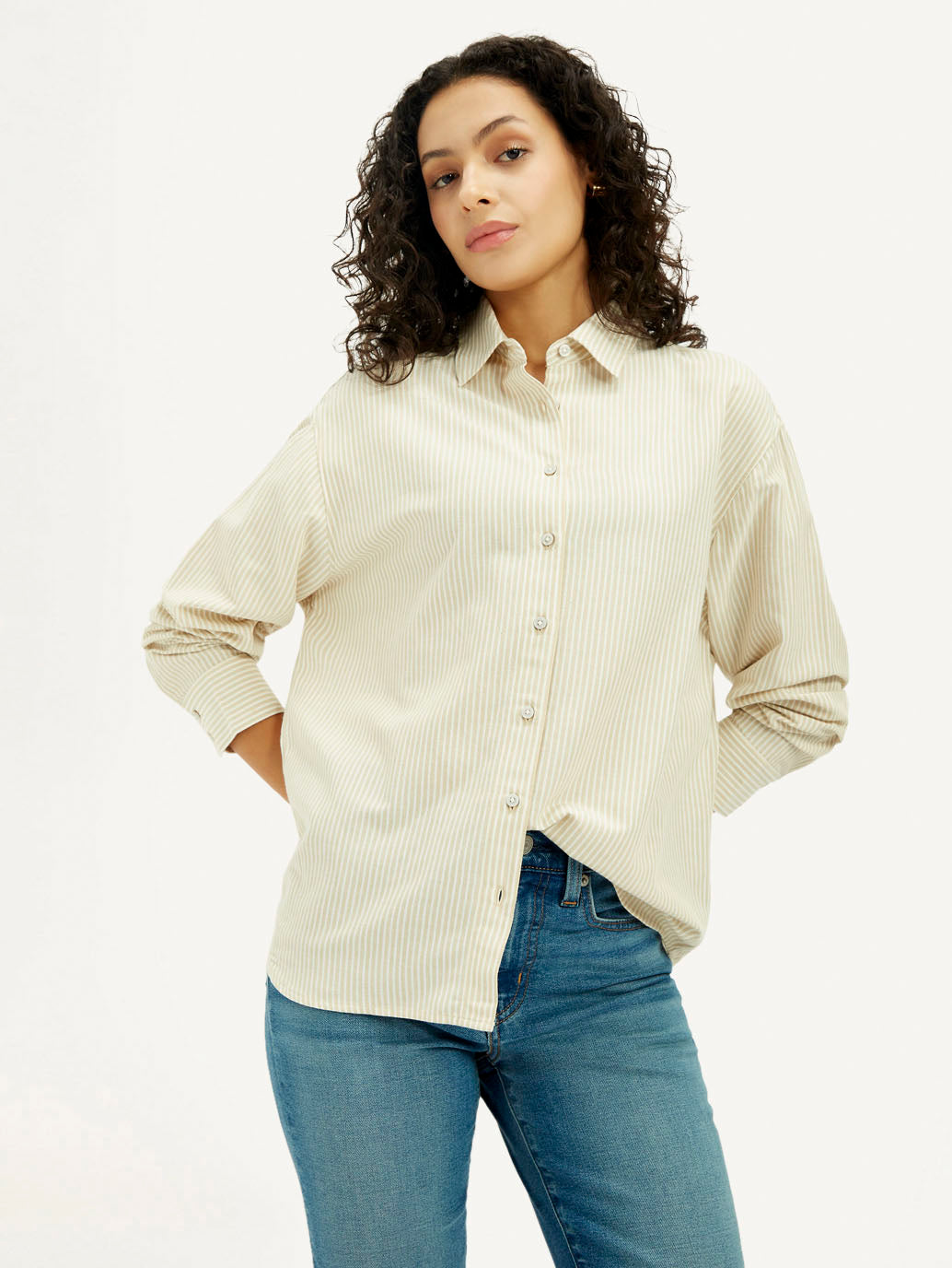 Women's Striped Beige Slim Fit Shirt - Elevated View