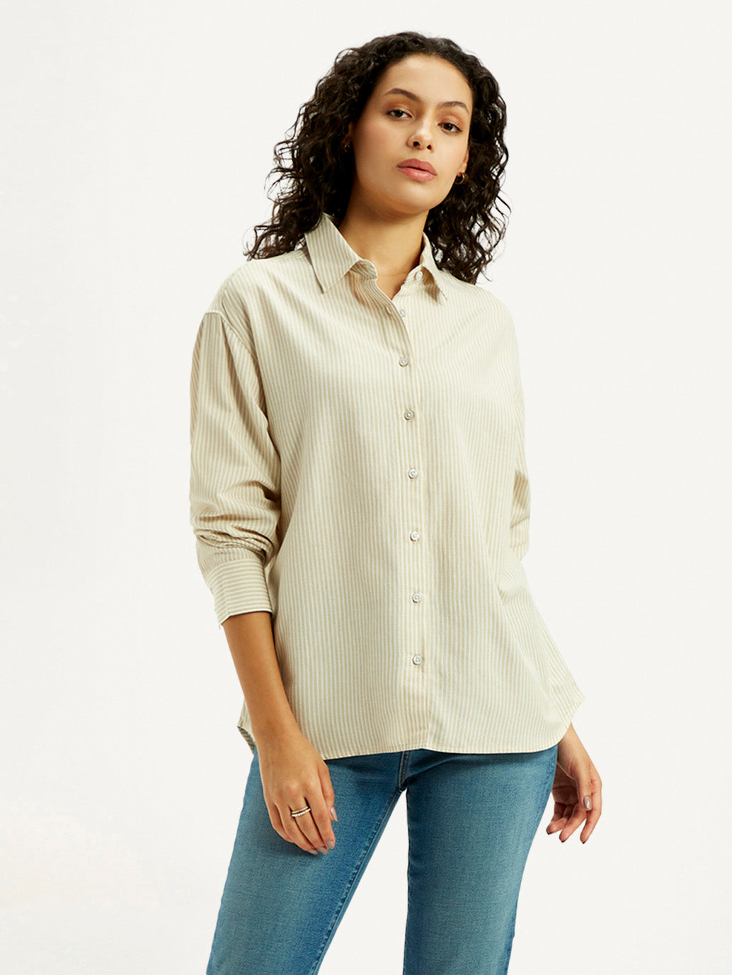 Women's Striped Beige Slim Fit Shirt - Styleshot View