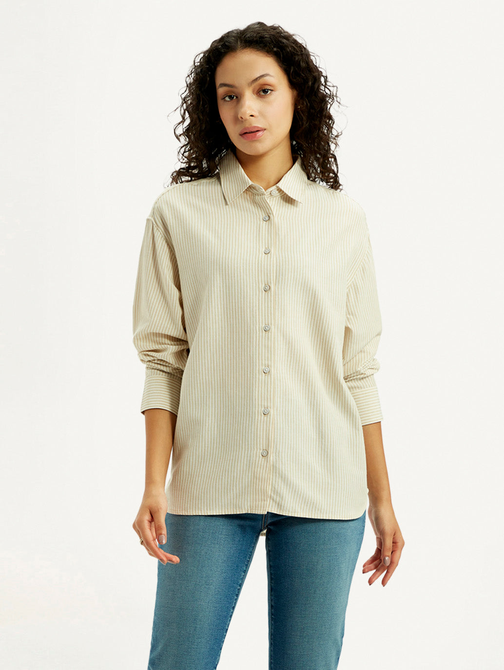 Women's Striped Beige Slim Fit Shirt - Front View