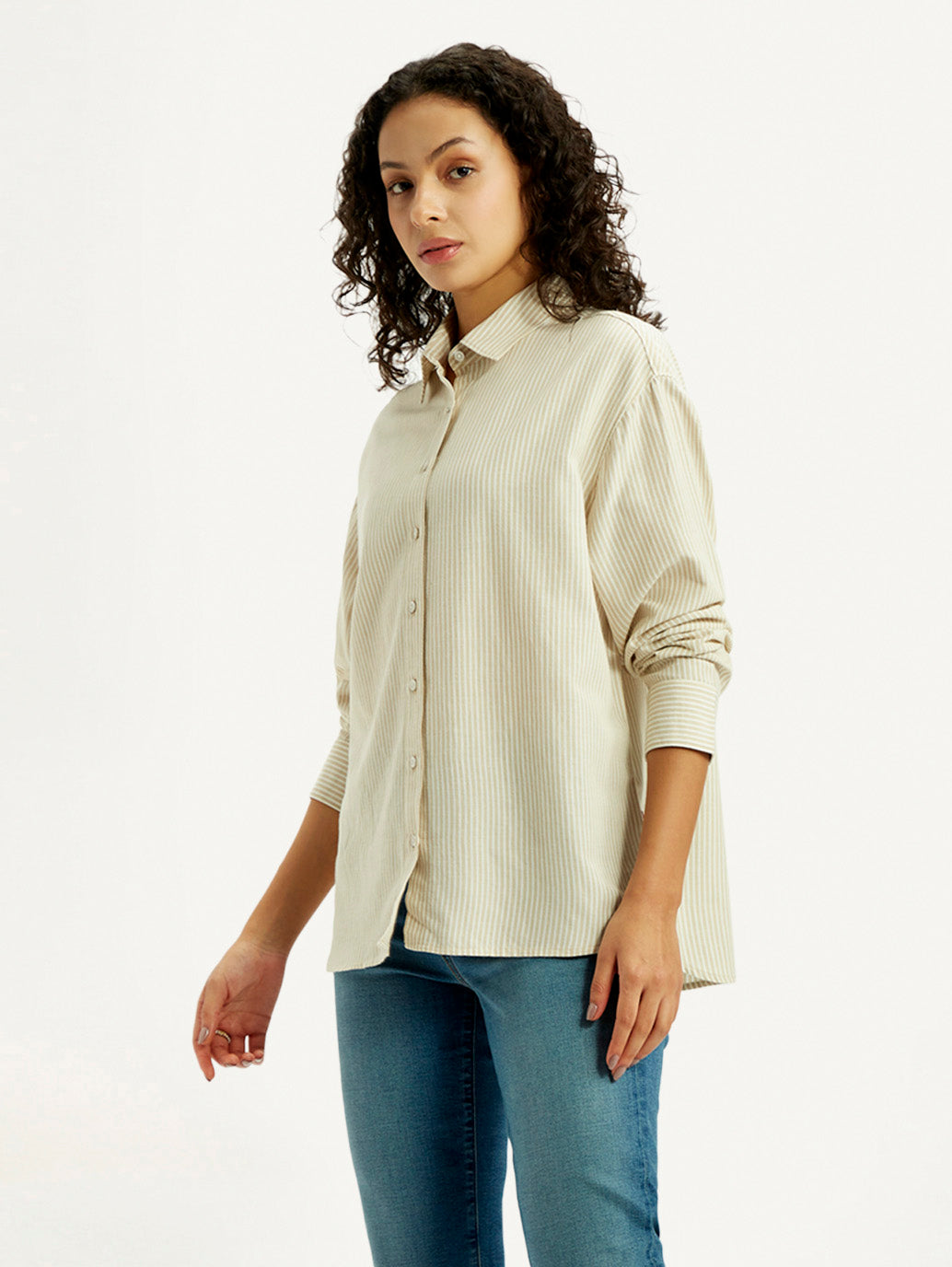 Women's Striped Beige Slim Fit Shirt - Side View