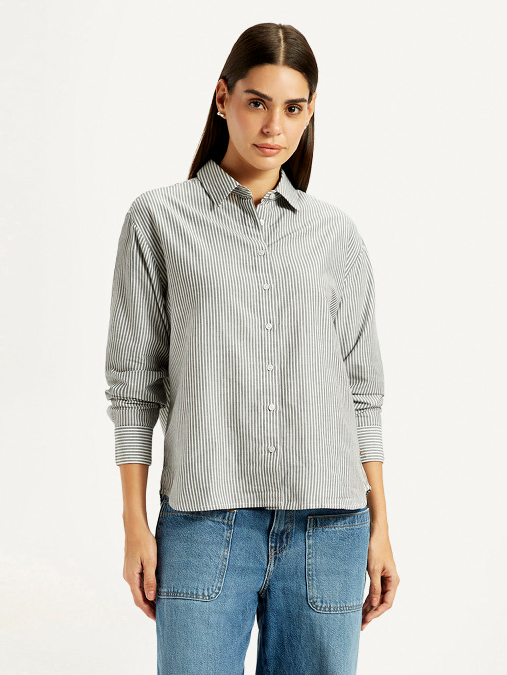 Women's Striped Grey Slim Fit Shirt - Front View