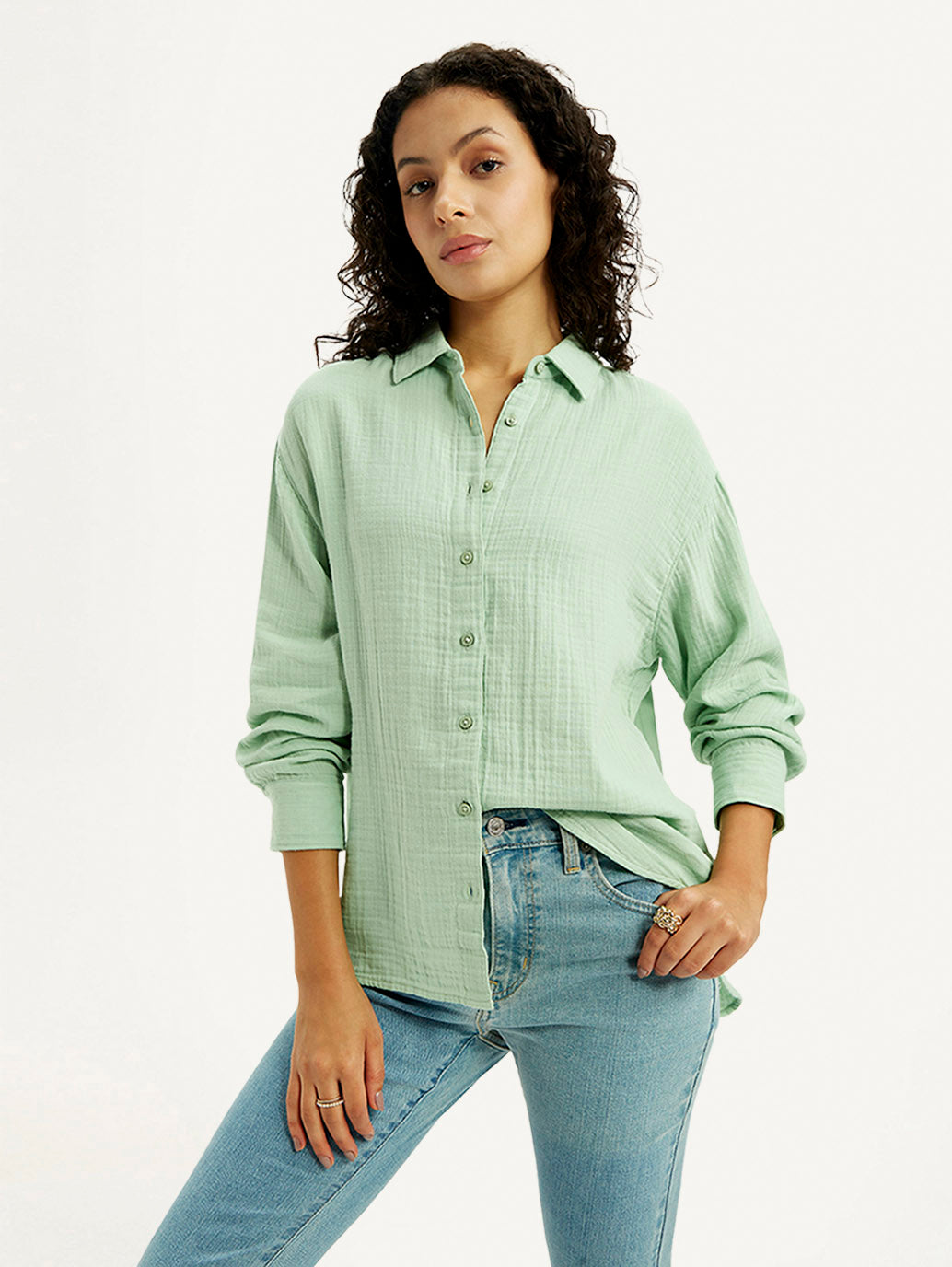 Women's Textured Light Green Slim Fit Shirt - Elevated View