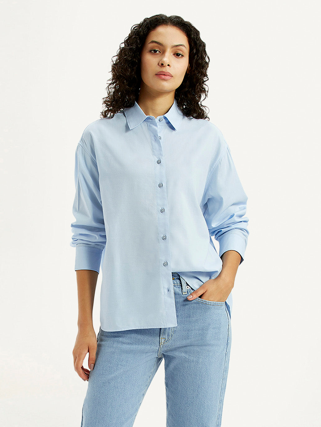 Women's Solid Light-Blue Slim Fit Shirt - Styleshot View