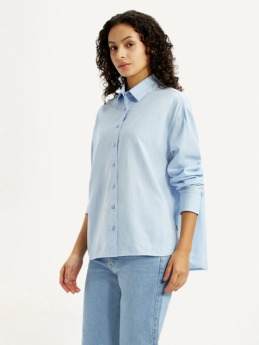 Women's Solid Light-Blue Slim Fit Shirt - Side View