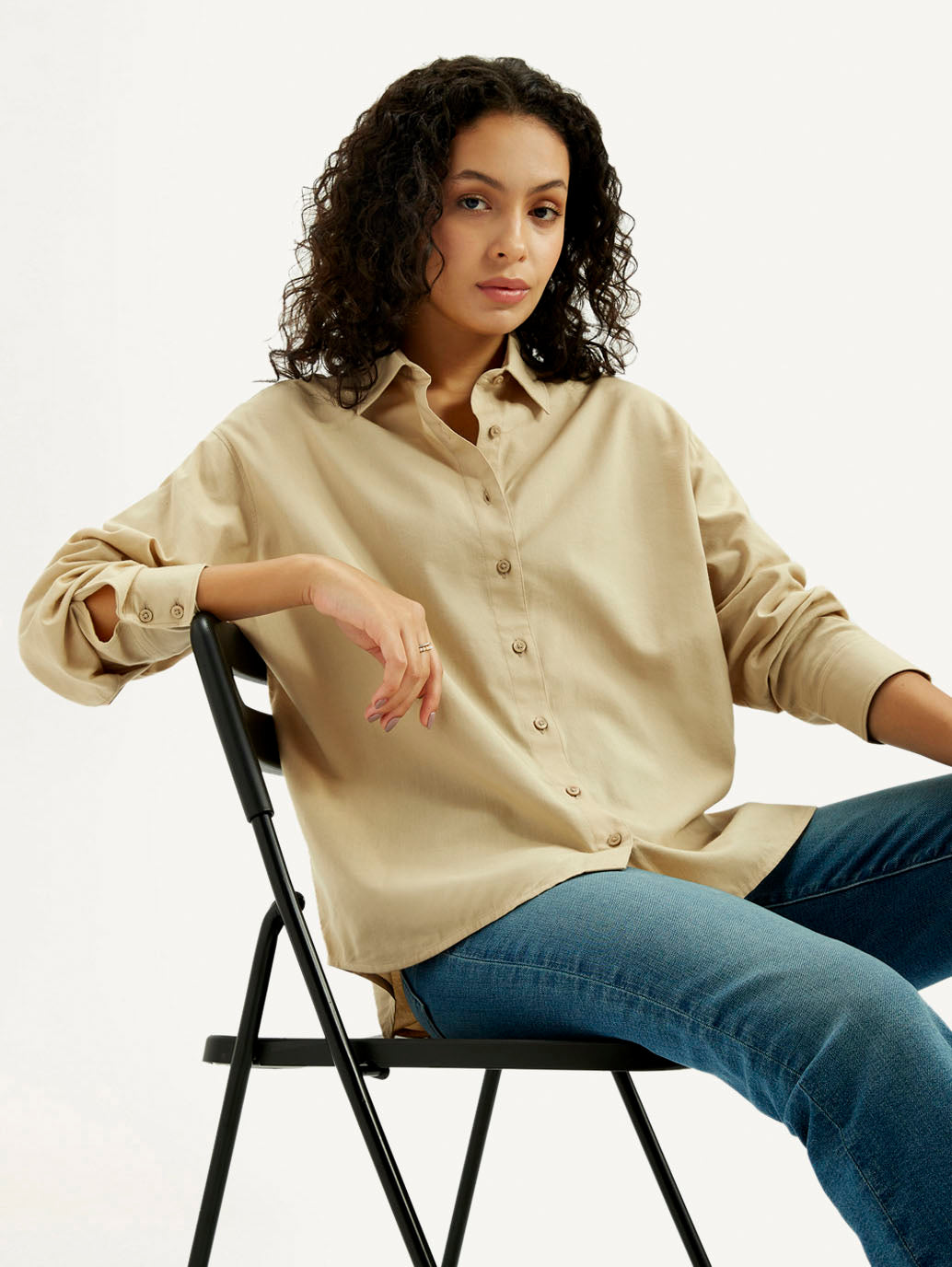 Women's Solid Beige Slim Fit Shirt - Elevated View