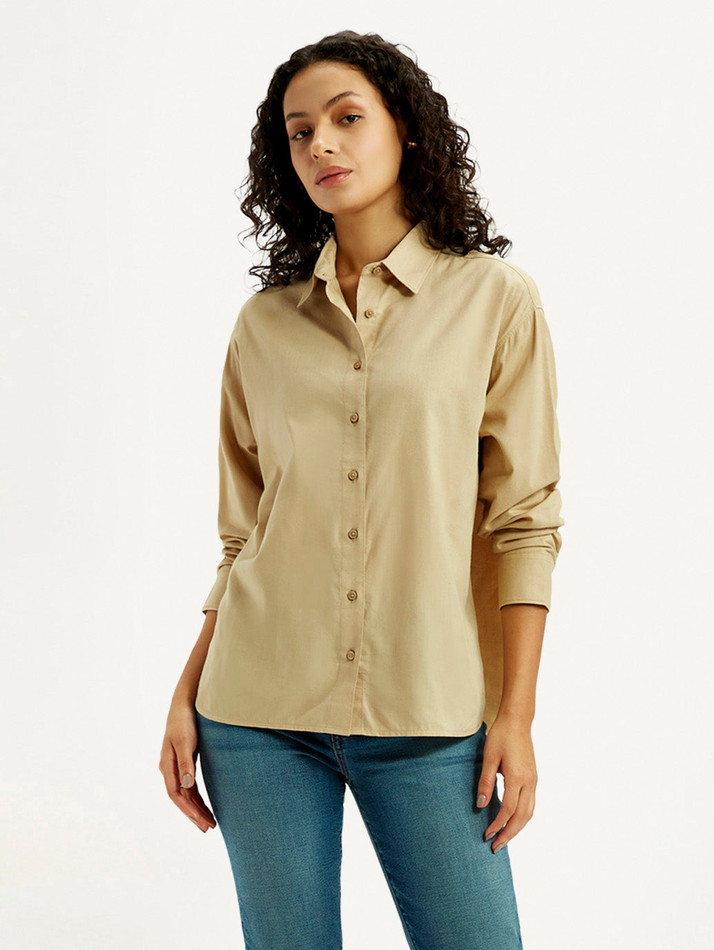 Women's Solid Beige Slim Fit Shirt - Styleshot View