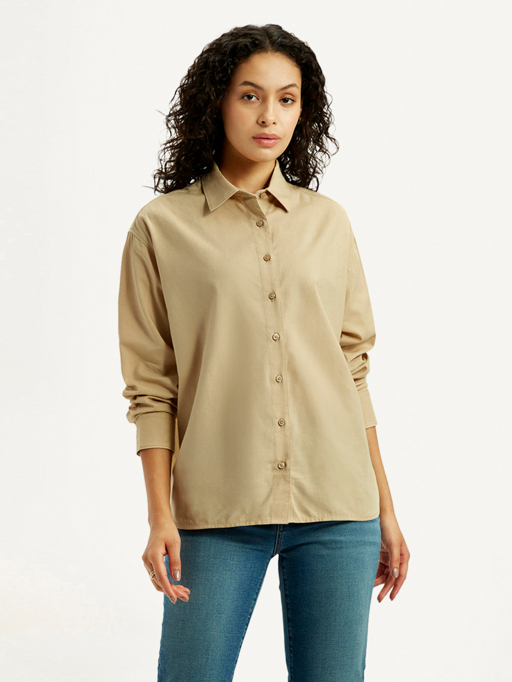 Women's Solid Beige Slim Fit Shirt - Front View