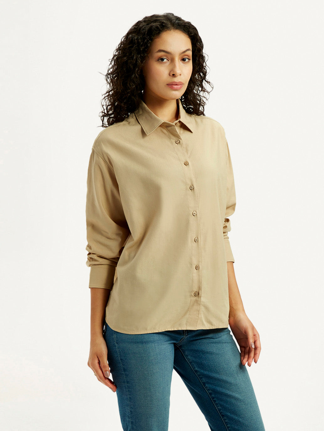 Women's Solid Beige Slim Fit Shirt - Side View