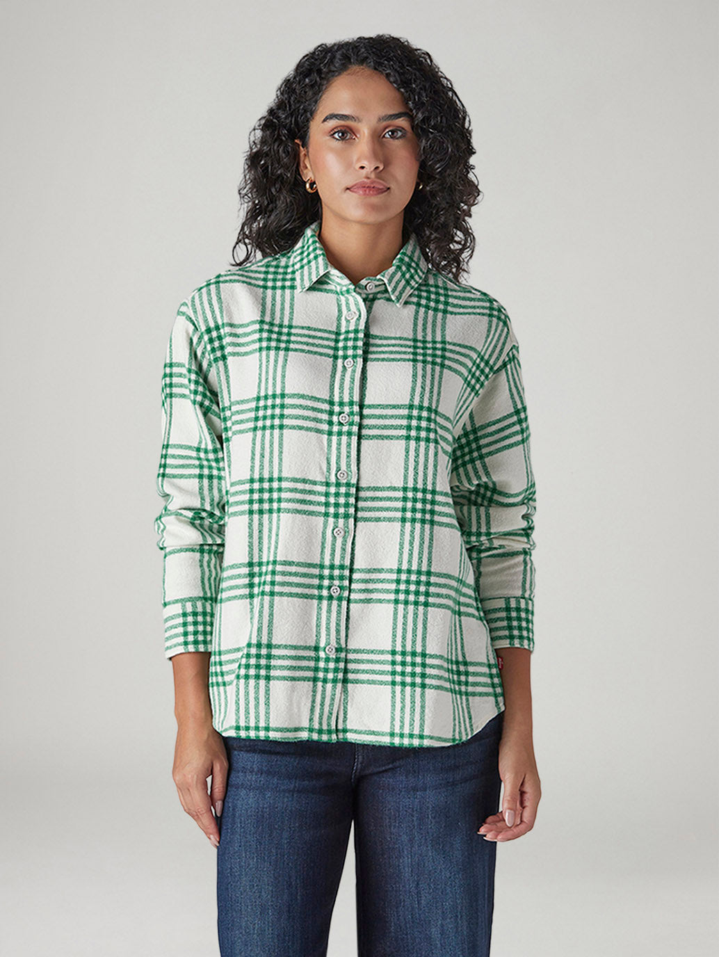 Women's Checkered Relaxed Fit Overshirt - Front View