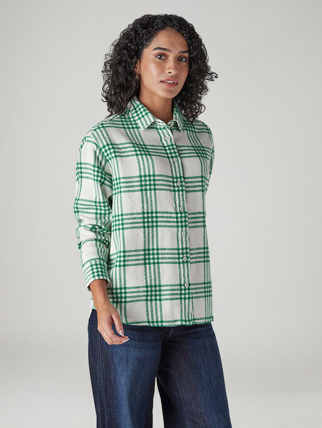 Women's Checkered Relaxed Fit Overshirt - Side View