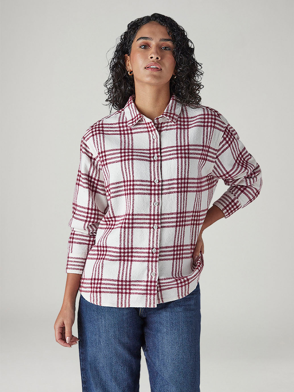 Women's Checkered Relaxed Fit Overshirt - Front View