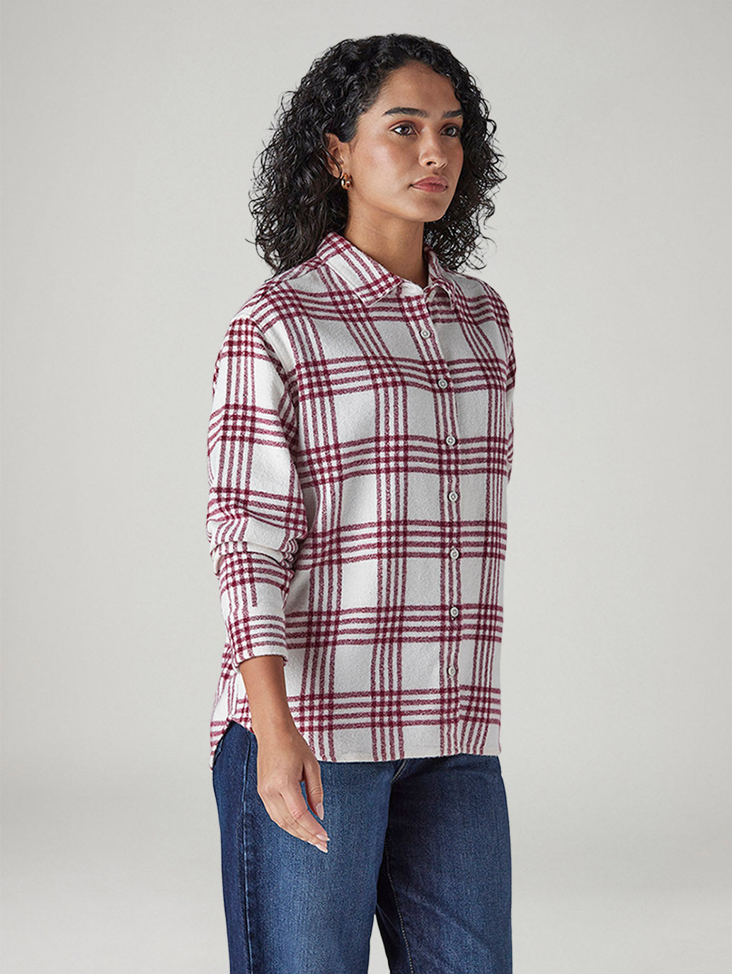 Women's Checkered Relaxed Fit Overshirt - Side View