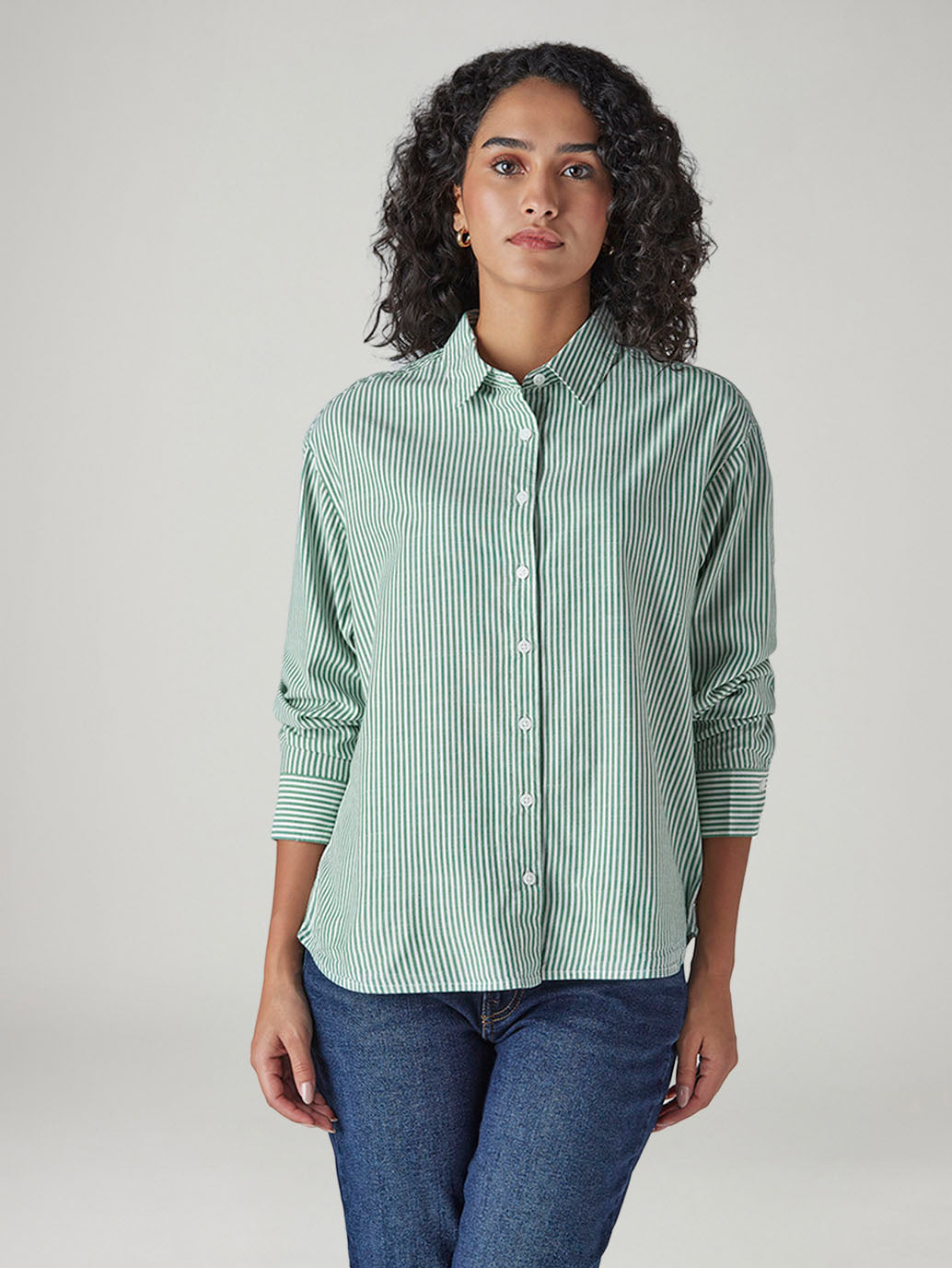 Women's Striped Relaxed Fit Poplin Shirt - Front View