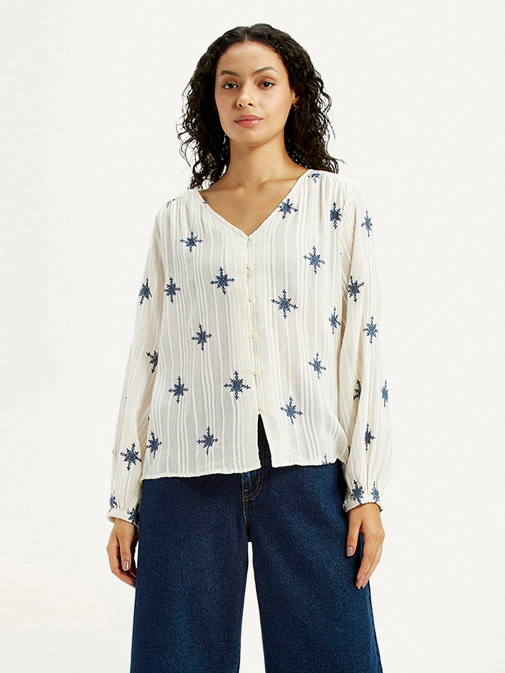 Women's Embroidered Off White V-Neck Top - Styleshot View