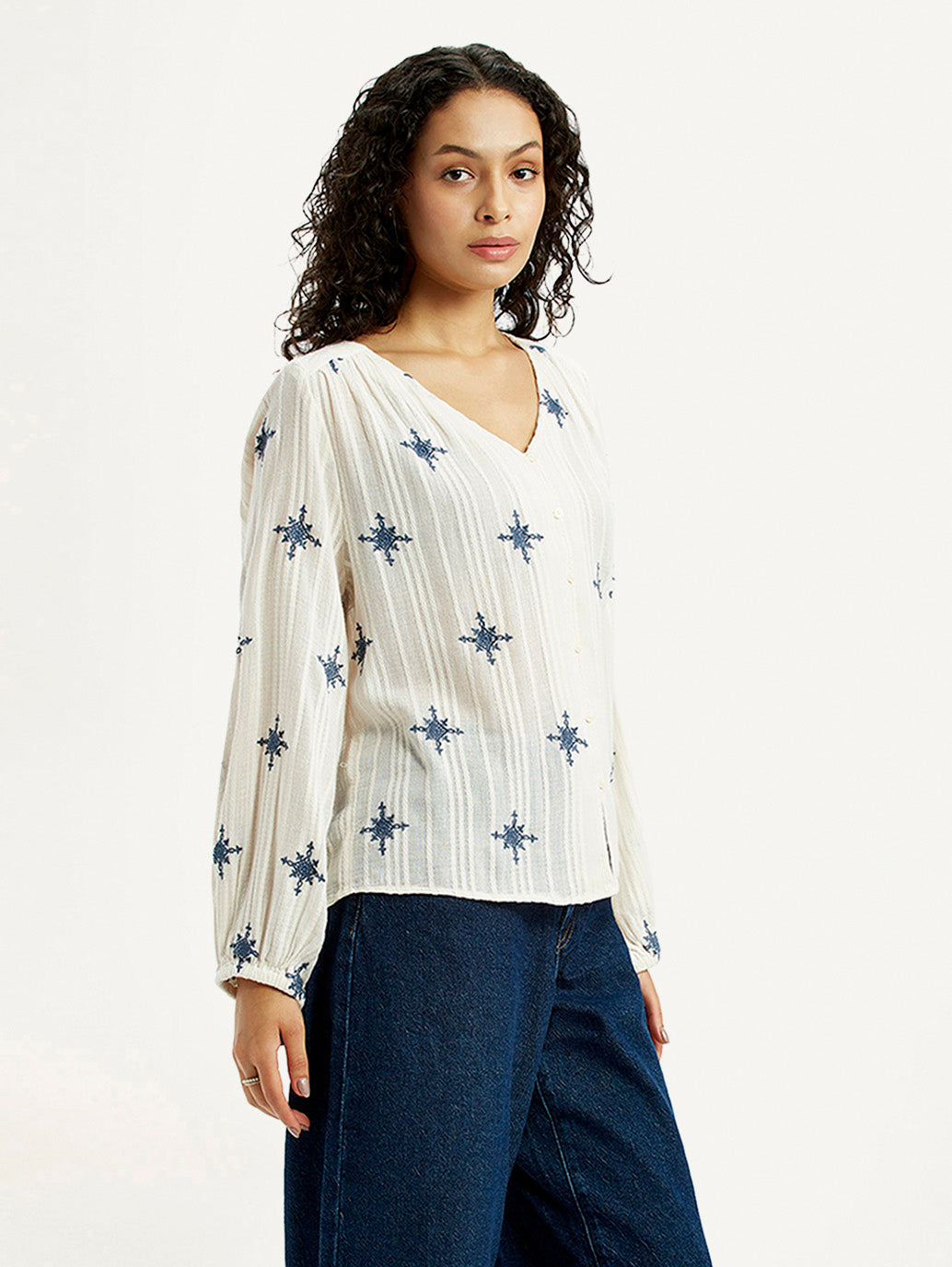 Women's Embroidered Off White V-Neck Top - Side View