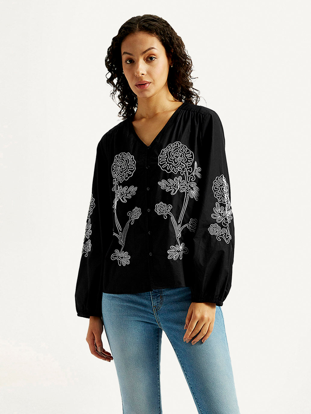 Women's Floral Black V-Neck Top