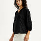 Women's Embroidered Black V-Neck Top - Side View