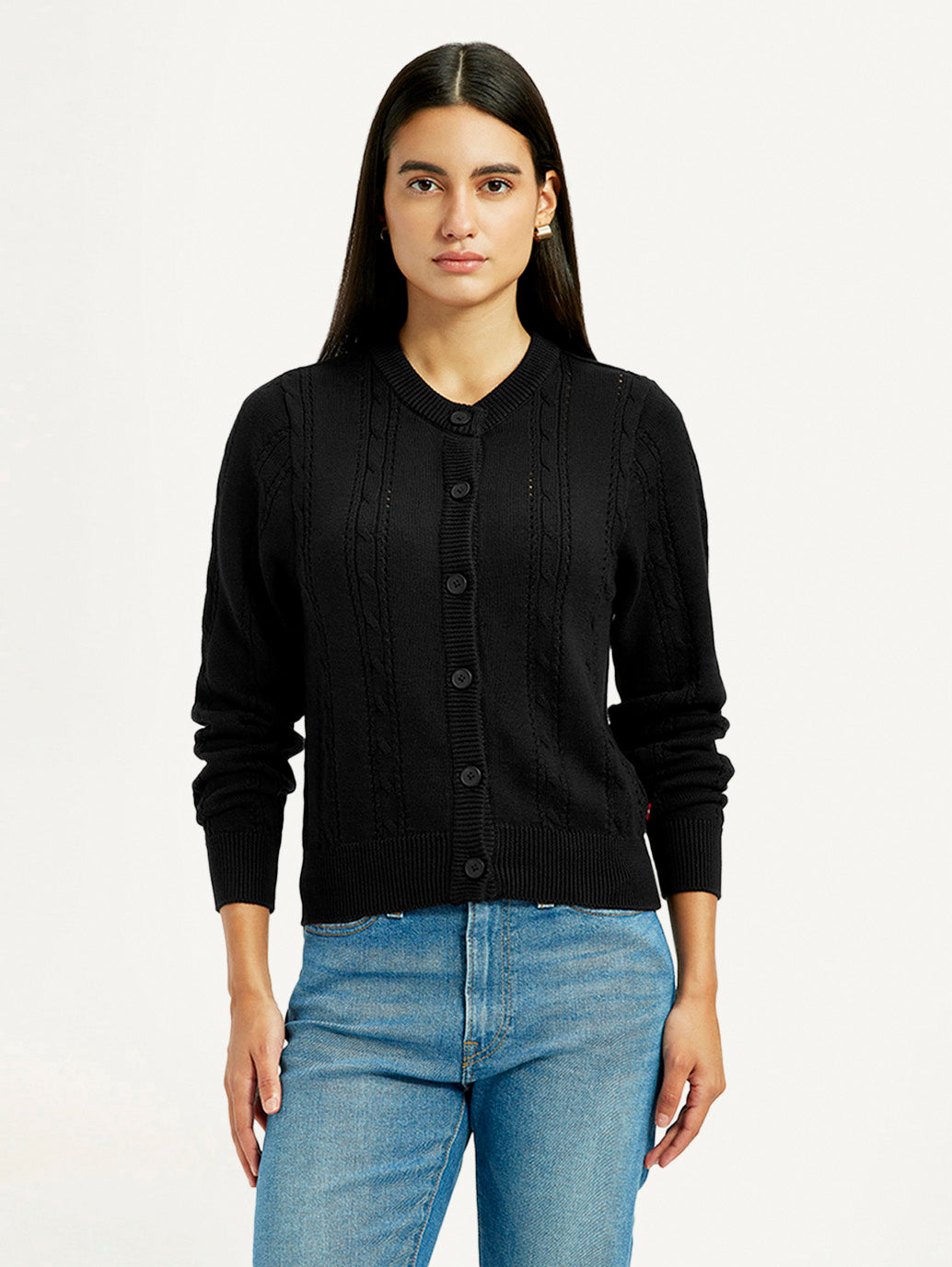 Women's Self Design Black Round Neck Sweater - Front View