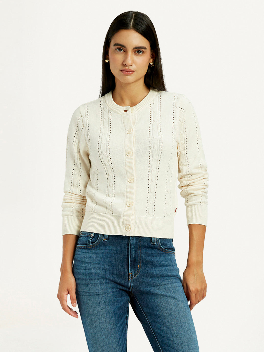 Women's Self Design Cream Round Neck Sweater