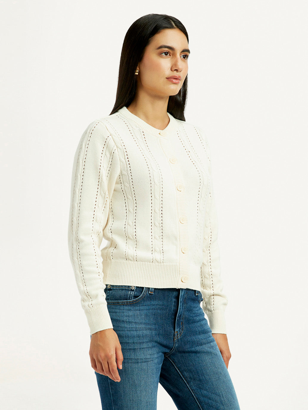 Women's Self Design Cream Round Neck Sweater - Side View
