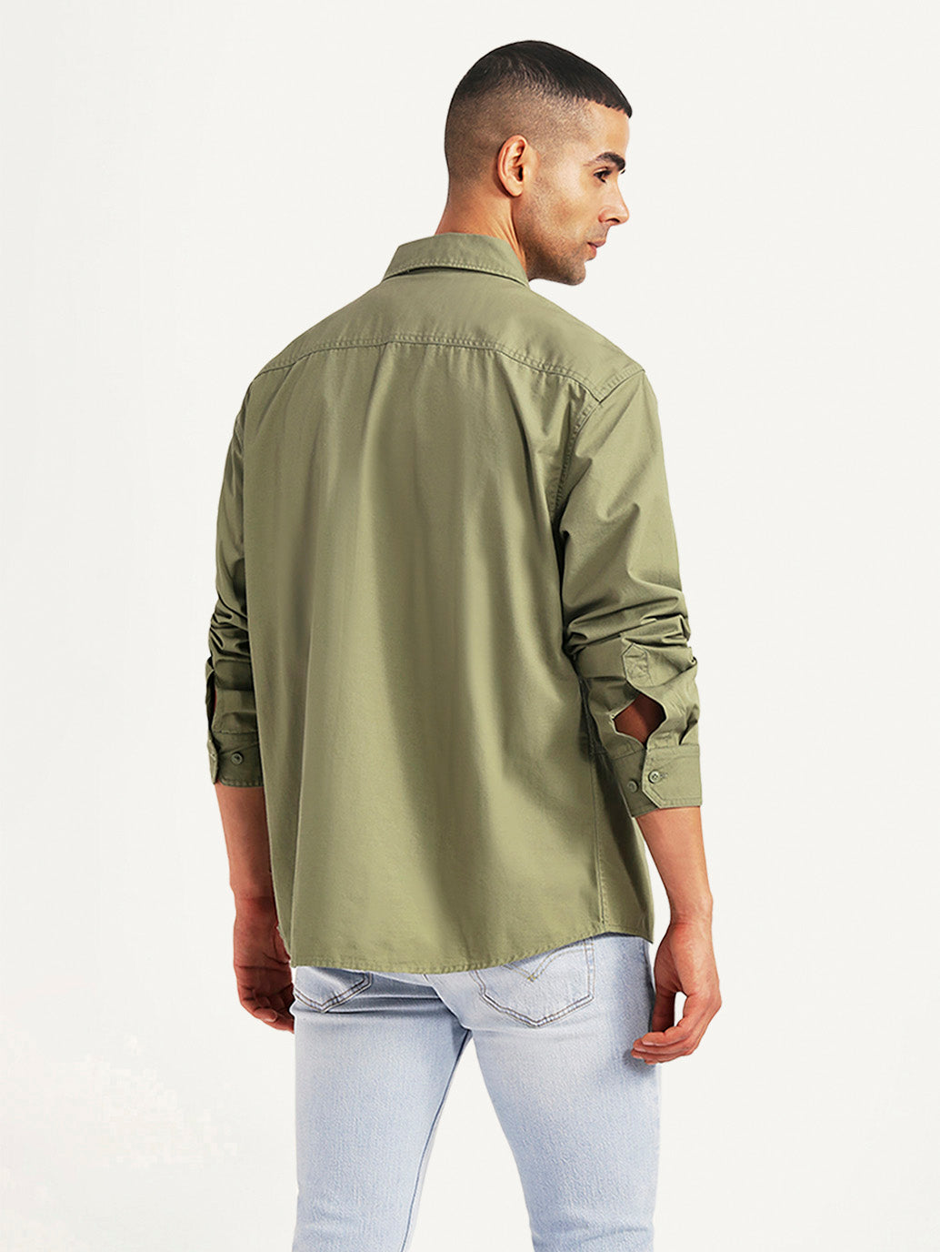Men's Solid Olive Relaxed Fit Commuter Shirt - Back View