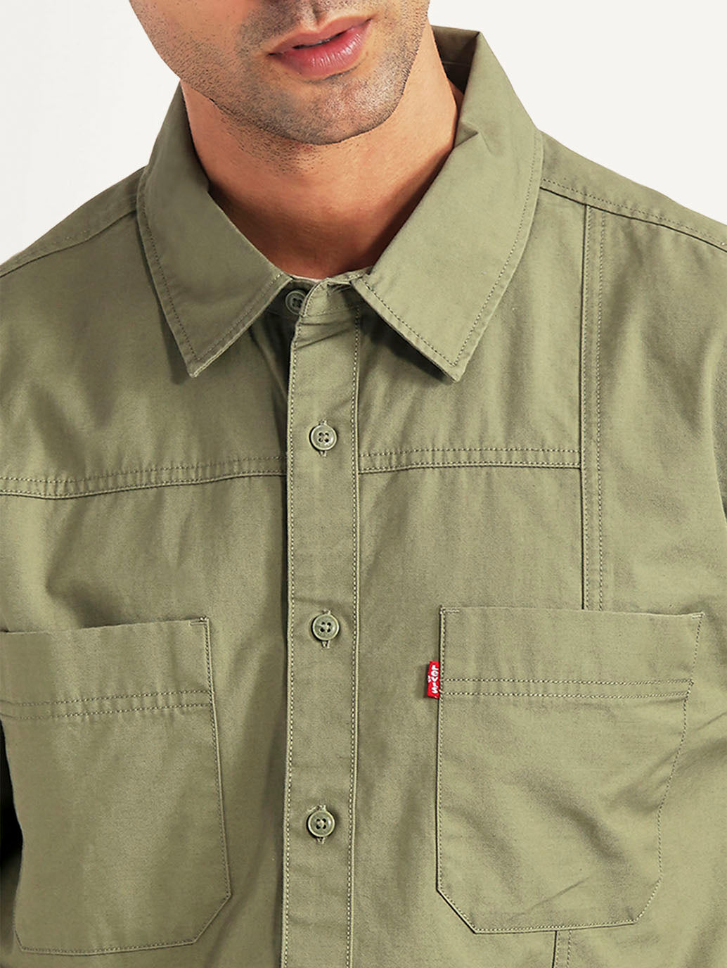 Men's Solid Olive Relaxed Fit Commuter Shirt - Detail View