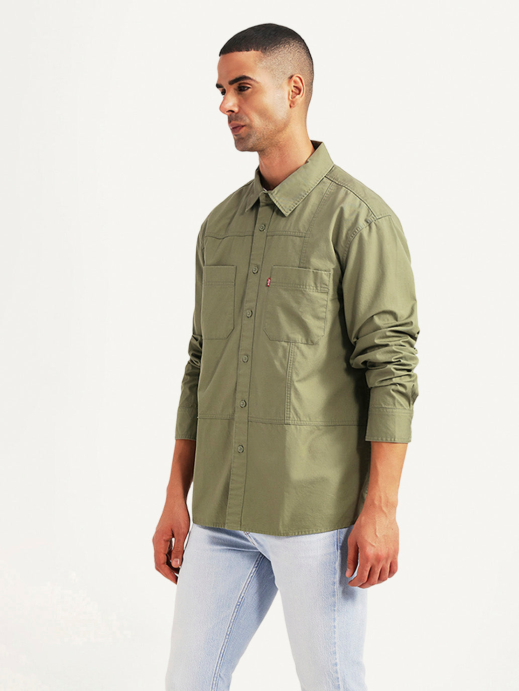 Men's Solid Olive Relaxed Fit Commuter Shirt - Side View