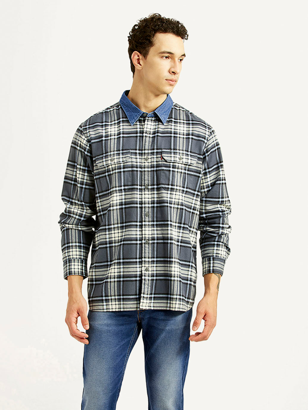Men's Checkered Grey Relaxed Fit Flannel Shirt - Front View