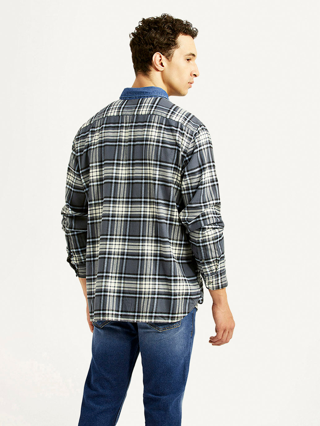 Men's Checkered Grey Relaxed Fit Flannel Shirt - Back View