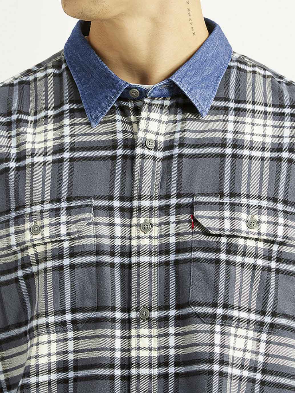 Men's Checkered Grey Relaxed Fit Flannel Shirt - Detail View