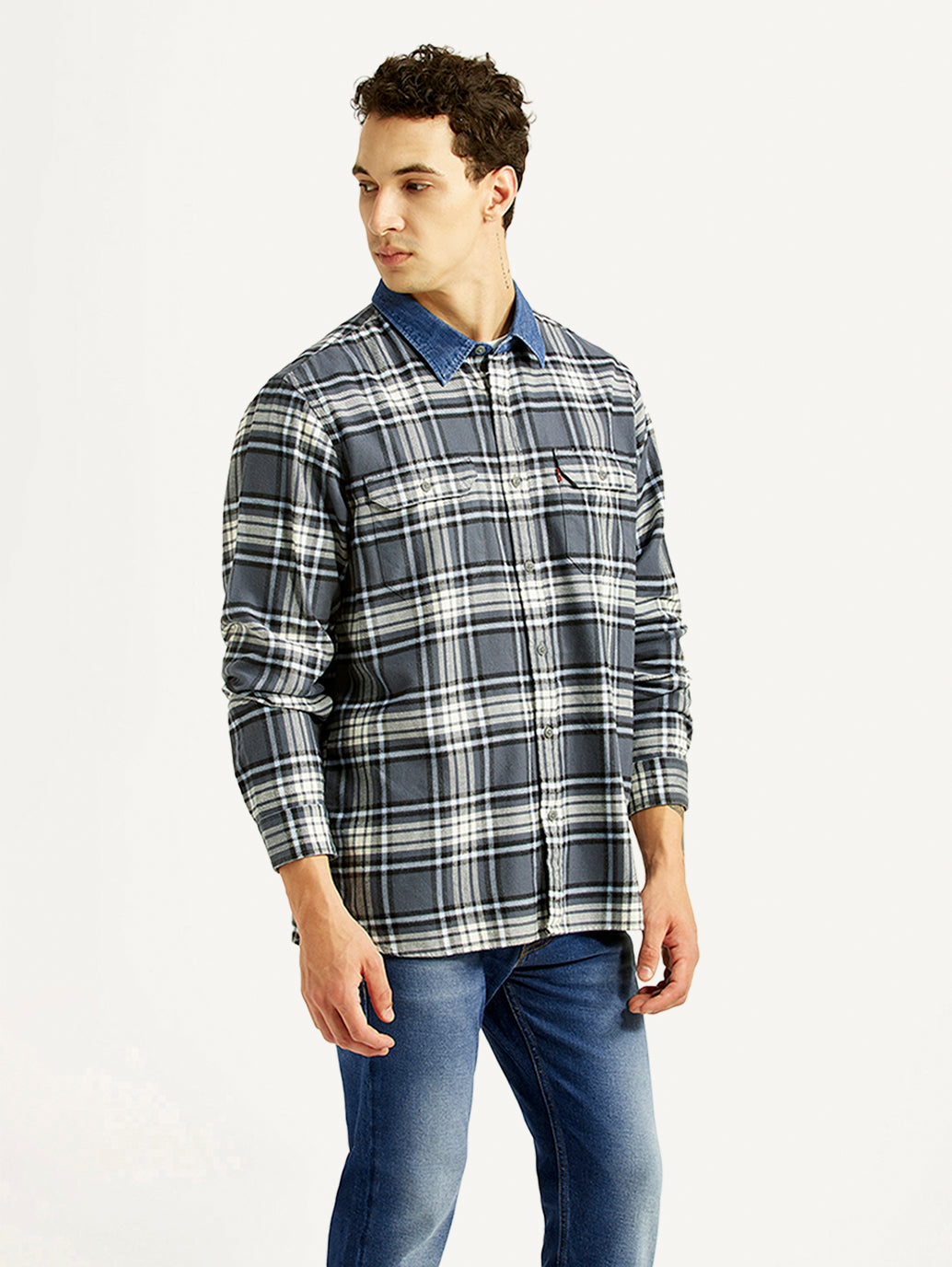 Men's Checkered Grey Relaxed Fit Flannel Shirt - Side View