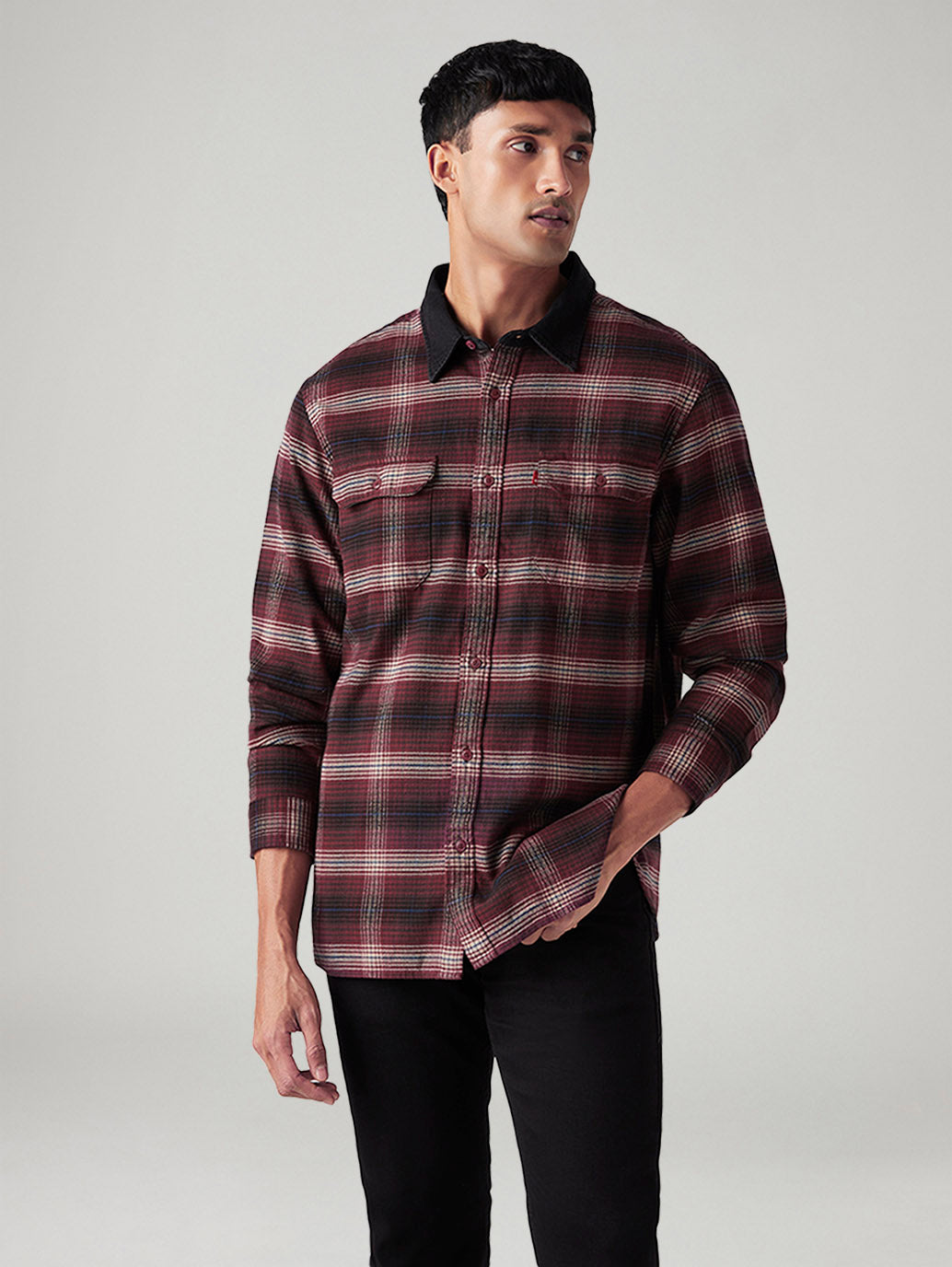 Men's Checkered Relaxed Fit Flannel Shirt - Front View