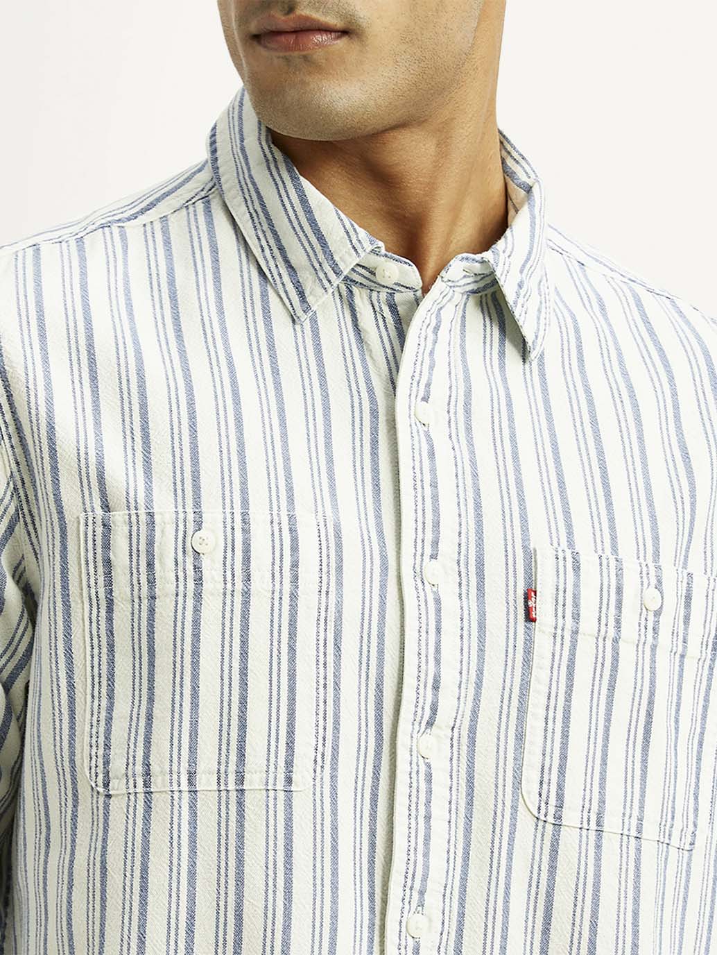 Men's Striped Med Indigo Relaxed Fit Shirt - Detail View