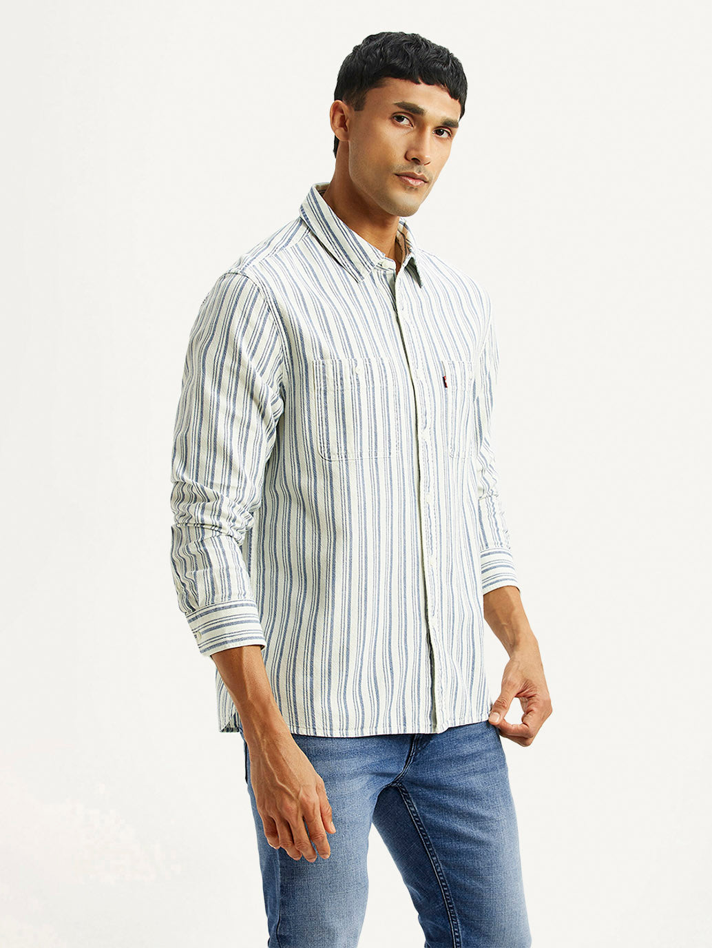 Men's Striped Med Indigo Relaxed Fit Shirt - Side View