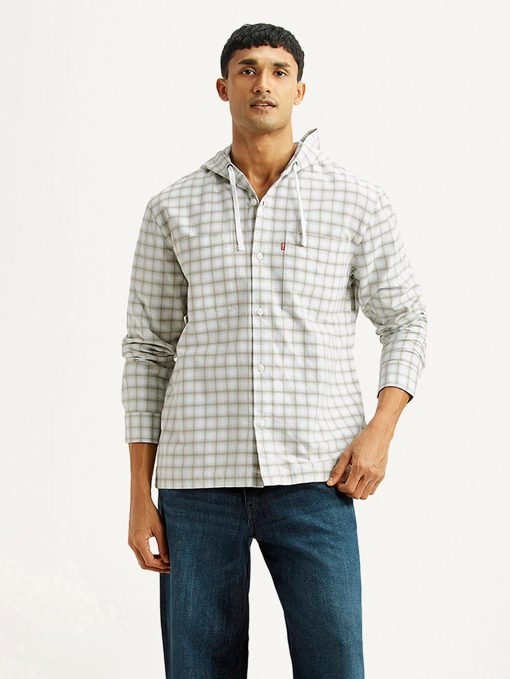 Men's Checkered White Relaxed Fit Hooded Oxford Overshirt