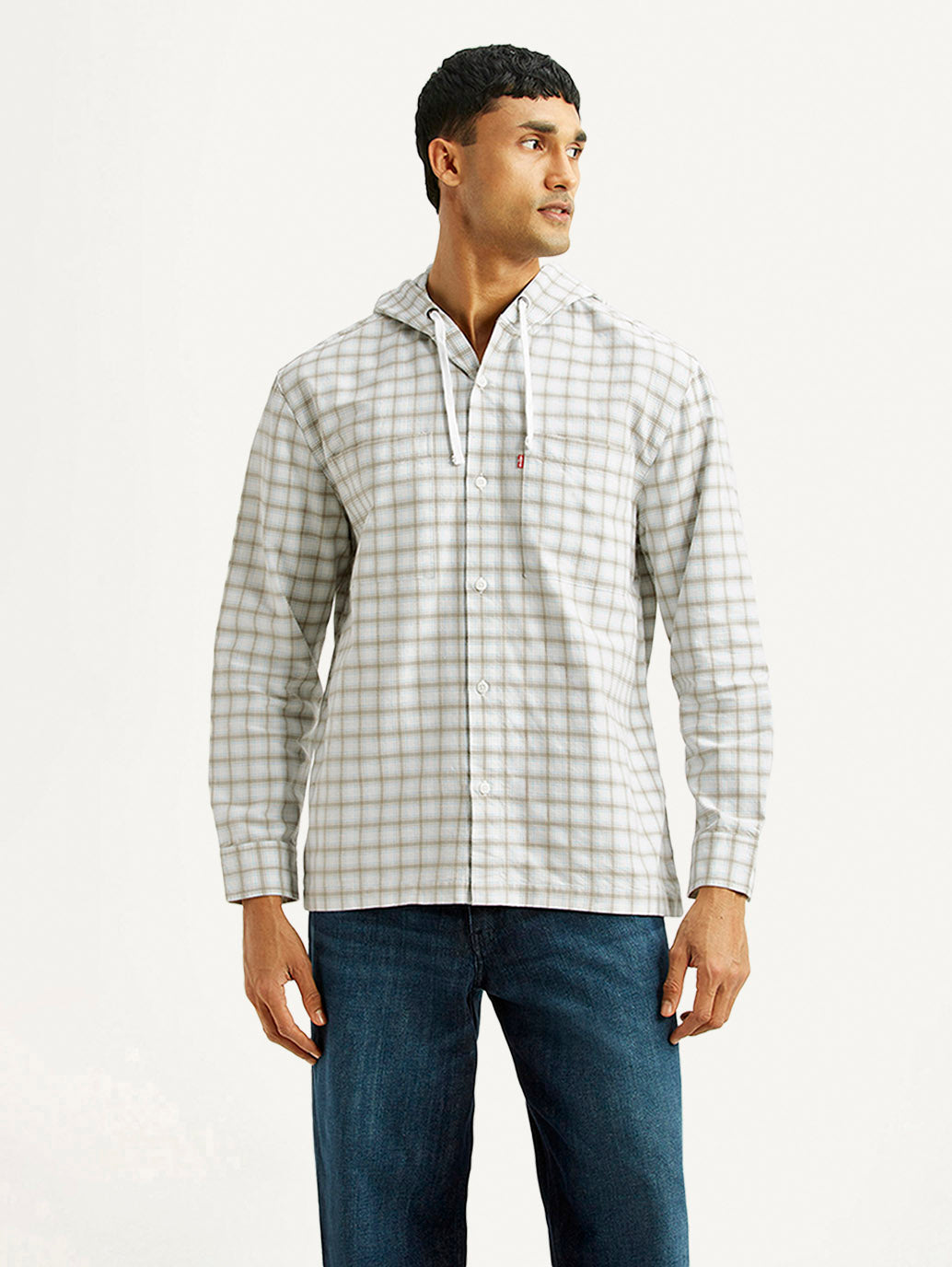 Men's Checkered White Relaxed Fit Hooded Oxford Overshirt - Front View