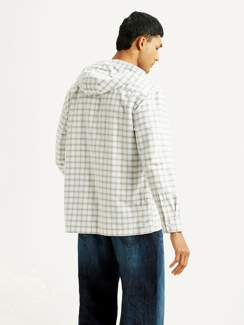 Men's Checkered White Relaxed Fit Hooded Oxford Overshirt - Back View