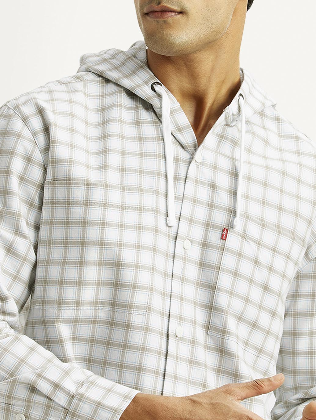 Men's Checkered White Relaxed Fit Hooded Oxford Overshirt - Detail View